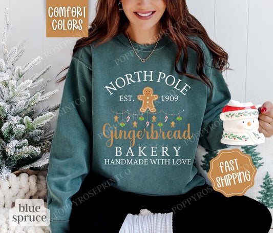 Gingerbread Bakery Sweatshirt Comfort Colors, North Pole Christmas Sweater,  Womens Holiday Crewneck