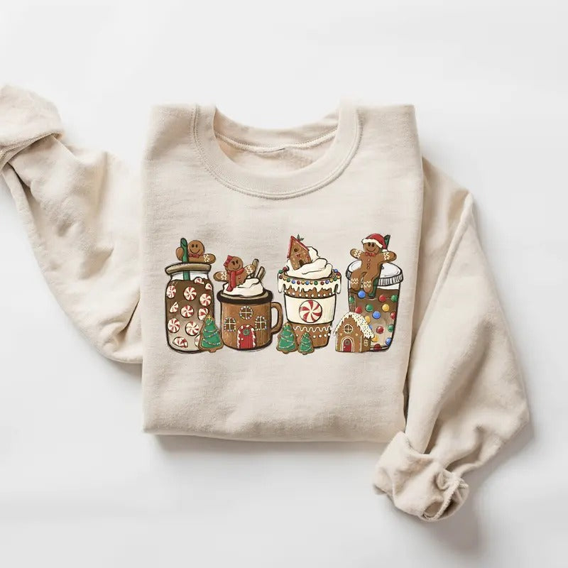 Gingerbread Christmas Coffee Latte Sweatshirt, Coffee Lover Gift, Holiday Sweater, Womens Holiday Sweatshirt, Christmas Shirt, Winter Shirt Cotton Crewneck