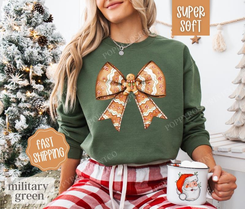 Gingerbread Man Bow Sweatshirt, Merry Christmas Sweater, Women's Holiday Crewneck