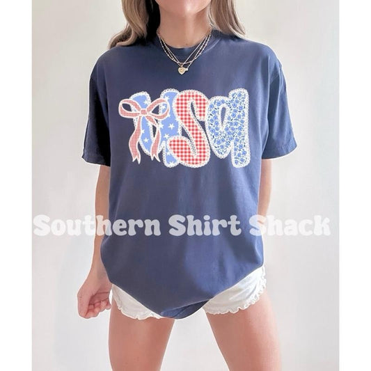 Gingham & Stars Shabby Chic USA t shirt  | Denim comfort colors t shirt | 4th of July T shirt