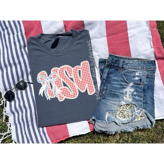 Gingham USA bow t shirt  | Denim comfort colors t shirt | 4th of July T shirt