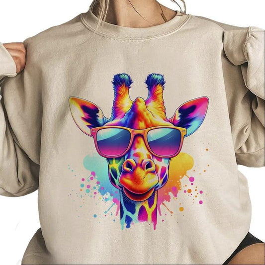 Giraffe With Sunglasses Sweatshirt Unisex Neon Wild Animal Trendy T-Shirt Hooodie Cotton Womenswear