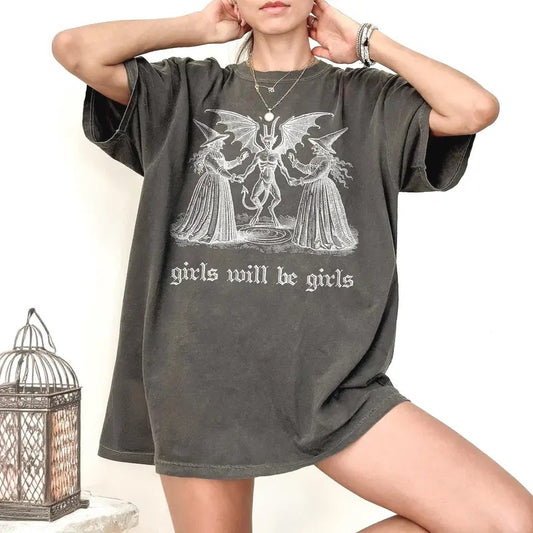 Girl Being A Girl Witch Shirt Vintage Halloween Shirt Funny Feminist Shirt Ironic Shirt Aesthetic T-Shirt Spooky Witchy Top Cotton Crewneck Casual
