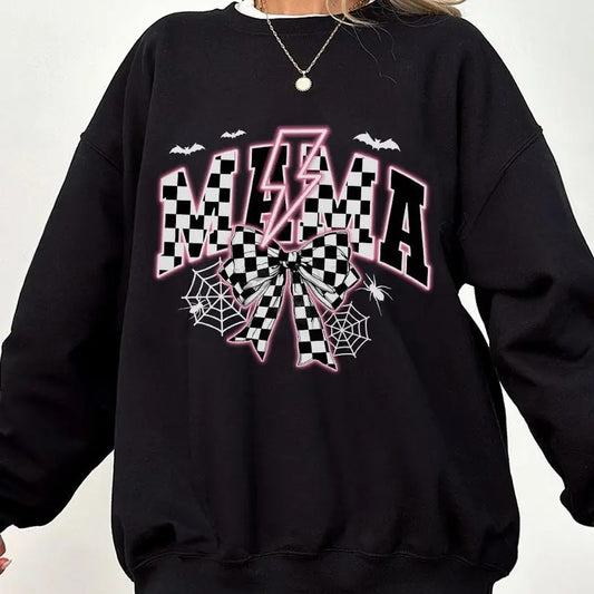 Girl Mom Halloween Shirt, Mama Halloween Sweatshirt, Mom for Girls Comfort Tee, Halloween Shirts For Mom, Retro Halloween Shirt, Spooky Vibes Shirt, Spooky Season, Mom Coquette Halloween, Checkered Mama Halloween Tee