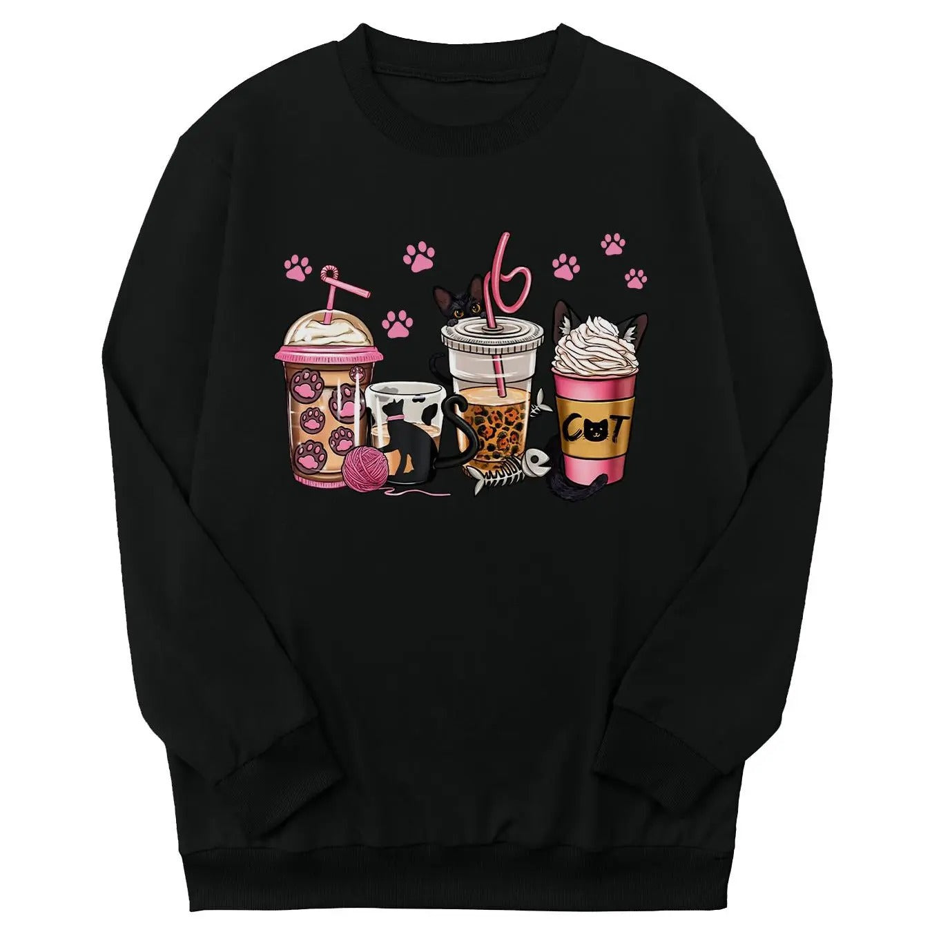 Girl's Graphic Print Sweatshirt, Cute Cat & Drink Print Crew Neck Sweatshirt for Daily Holiday Outdoor Wear, Girls Clothing for All Seasons