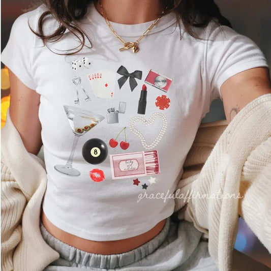 Girlhood Baby Tee Collage Baby Tee Y2k Baby Tee 8 Ball Shirt Martini shirt Coquette Downtown Girl Aesthetic Ribbon Bow Shirt Matchbox tshirt