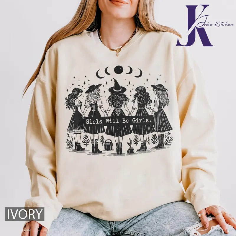 Girls Will Be Girls Witch Comfort Color Shirt, Witchy Vibes Sweater, Halloween Women Shirt, Feminist Witch T-Shirt, Feminist Sweatshirt,Witch Sisters