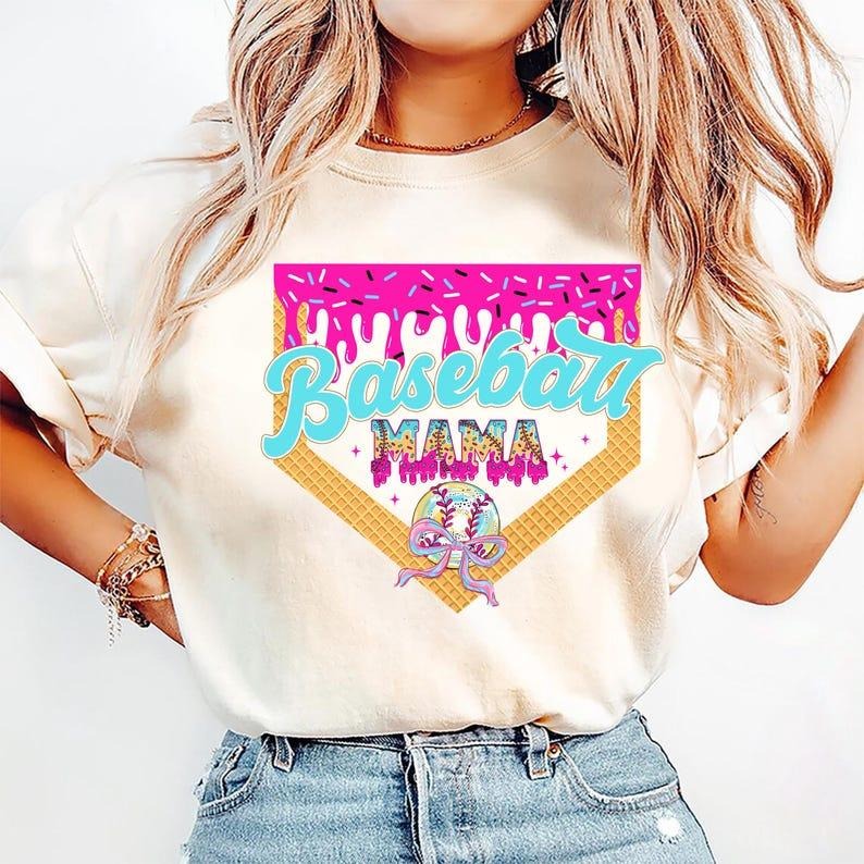 Girly Baseball Mama Shirt, Stylish Ice Cream Drip Print, Sporty Trend