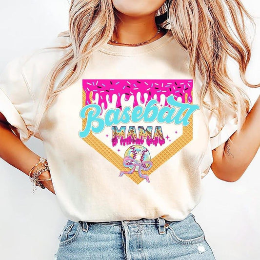 Girly Baseball Mama Shirt, Stylish Ice Cream Drip Print, Sporty Trend