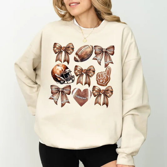 Girly Coquette Football Bow Sweatshirt, Vintage Football Crewneck for Girls, Fall Sports Sweater for Women, Retro Game Day Crewneck, Touchdown Season Sweatshirt, Comfy Long Sleeve Pullover, Oversized Women's Tops, Casual Womenswear, Soft Cotton Fabric