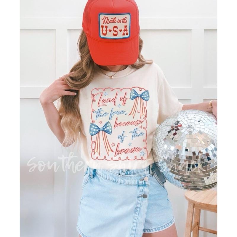 Girly Land of the Free because of the Brave T shirt  | Ivory comfort colors T shirt top