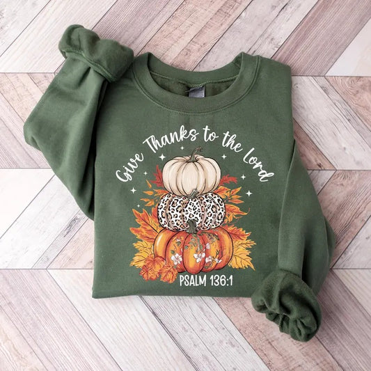Give Thanks to the Lord Sweatshirt, Fall Christian Hoodie, Boho Floral Leopard Pumpkin Tee Pullover Sweater, Jesus Thanksgiving Womenswear Fabric Graphic Crewneck Long Sleeves Shirt