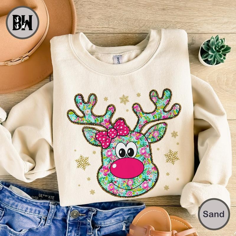 Glitter Coquette Floral Christmas Reindeer Sweatshirt, Pink Christmas Girl Reindeer Shirt, Christmas Coquette Bow Shirt, Christmas Shirt