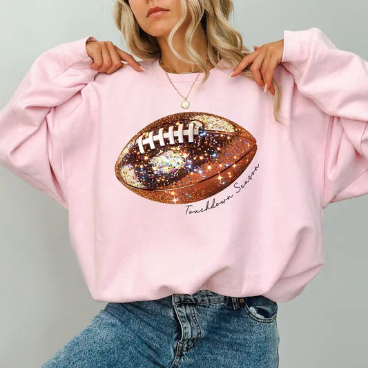 Glitter Football Touchdown Season Sweatshirt, Vintage Football Crewneck for Girls, Fall Sports Sweater for Mom, Game Day Crewneck for Women, Touchdown Season Women's Tops, Comfy Long Sleeve Pullover, Oversized Casual Womenswear, Comfort Fabric Cotton Tops