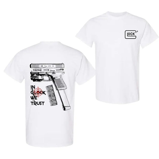 Glock Tshirt IN GLOCK WE TRUST Tshirt  Double Side T-Shirt Hot Trend for men for women Fabric Menswear