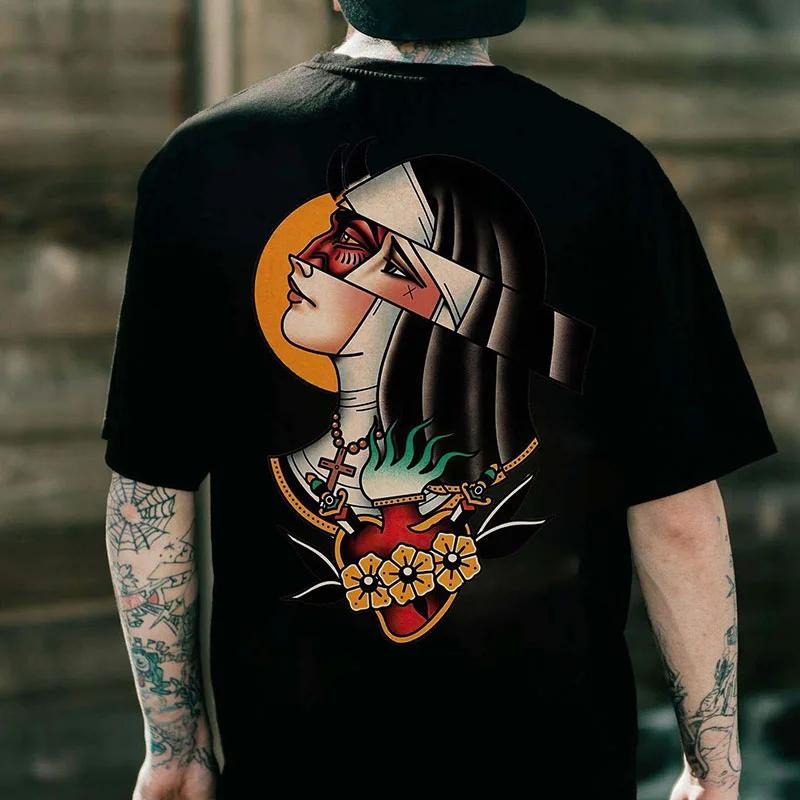 Gloomy Broken Nun with Flowers Black Print T-shirt - Naughty Clothes Men Hoodie, Sweatshirt | WearSparks.com