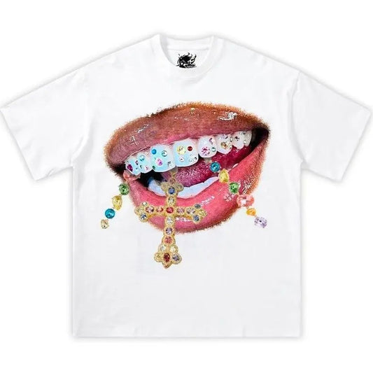 Glossy Jewelry Mouth Shirt Streetwear Y2K Tee Cotton Tee Shirt Opium