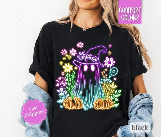 Glowing Ghost Shirt Comfort Colors, Cute Ghost Halloween Shirt,  October Vibes Shirt for Women Oversized Crewneck Tee