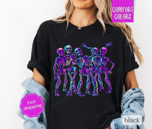 Glowing Skeleton Shirt Comfort Colors, Halloween Shirt,  October Vibes Shirt for Women Oversized Crewneck Tee