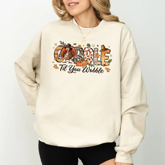 Gobble Til You Wobble Sweatshirt, Thanksgiving Crewneck, Turkey Sweater, Funny Turkey Sweatshirt, Vintage Thanksgiving Gift, Fall Season Outfits, Comfy Long Sleeve Pullover, Cute Fall Autumn Women's Tops, Casual Womenswear, Comfort Fabric Cotton Top