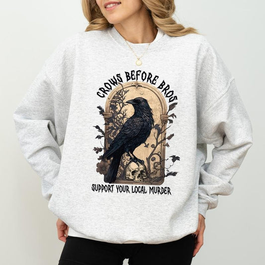 Goblincore Feminist Crow Sweatshirt, Gothic Crows Before Bros Crewneck, Vintage Raven Long Sleeved Pullover, Feminist Crow Sweater, Women Outfits