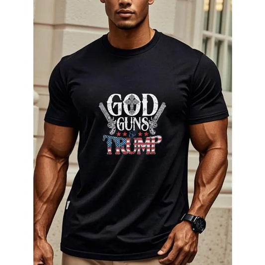 God Guns And Trump Men's Black T Shirts Graphic Tee Cotton T Shirts Crew Neck Casual T Shirt Funny Lightweight Ultra-Soft Ideal For Running Weekend Casual Breathable Four Seasons Made in USA