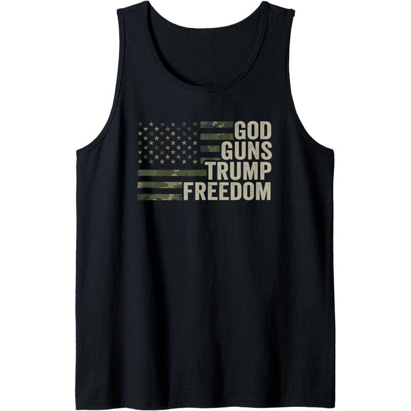 God Guns Trump Freedom - Funny Camouflage Pro Gun USA Flag Tank Top Made in USA