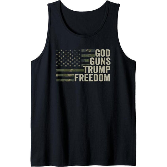 God Guns Trump Freedom - Funny Camouflage Pro Gun USA Flag Tank Top Made in USA