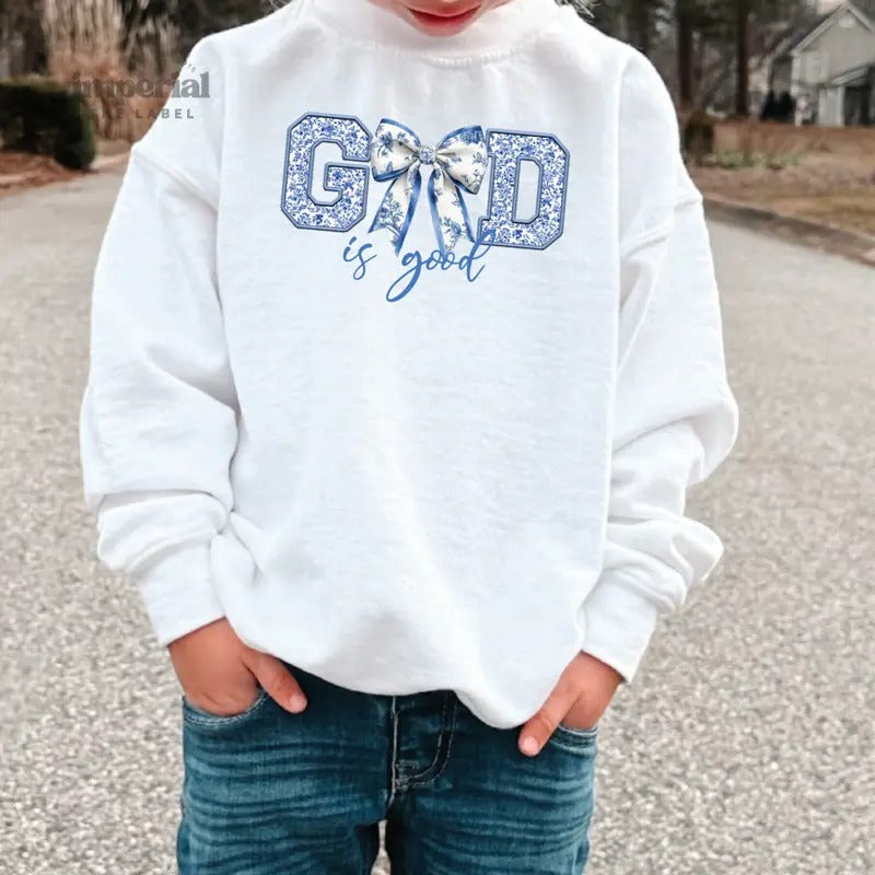 God Is Good Youth Sweatshirt and Kid's Comfort Colors T-Shirt, Christian Youth Crewneck, Faith-Based Kids Pullover, Cozy Bible Verse Sweatshirt, Inspirational Religious Kids Apparel, Youth Sweatshirt
