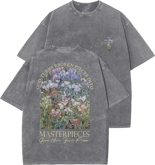 God Turns Broken Pieces Into Unisex Washed T-Shirt, Christian t shirts, Vintage 90s Graphic Tee, Gift Top Womenswear Cotton Mineral Color