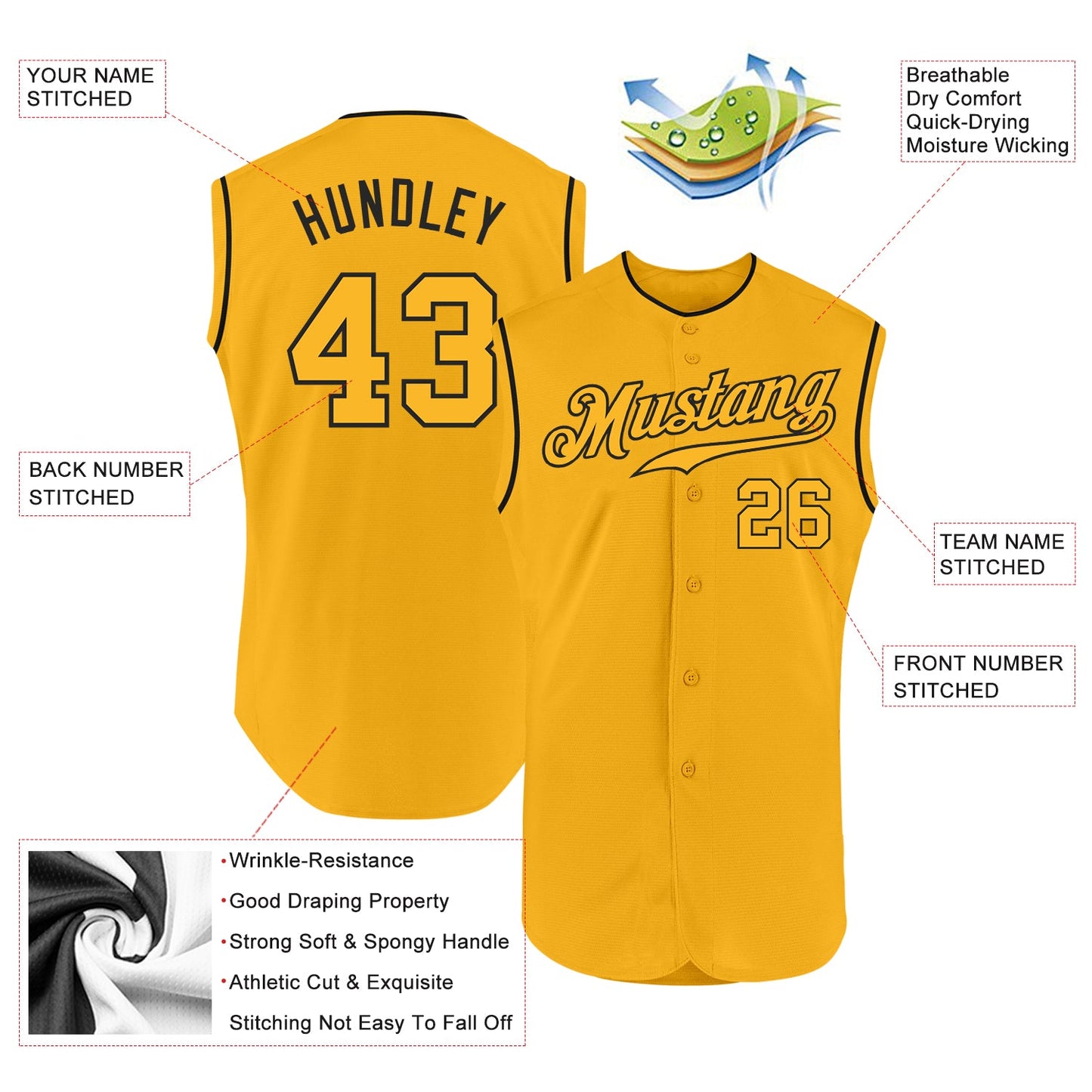 Custom Gold Gold-Black Authentic Sleeveless Baseball Jersey