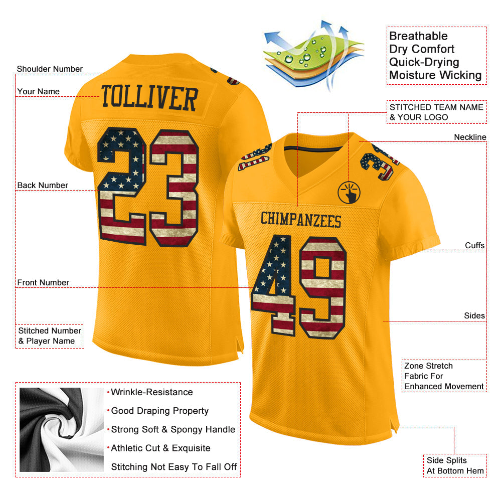 Custom Gold Vintage USA Flag-Black Mesh Authentic Football Jersey T-Shirts, Hoodie, Sweatshirt | WearSparks.com (Image 2)