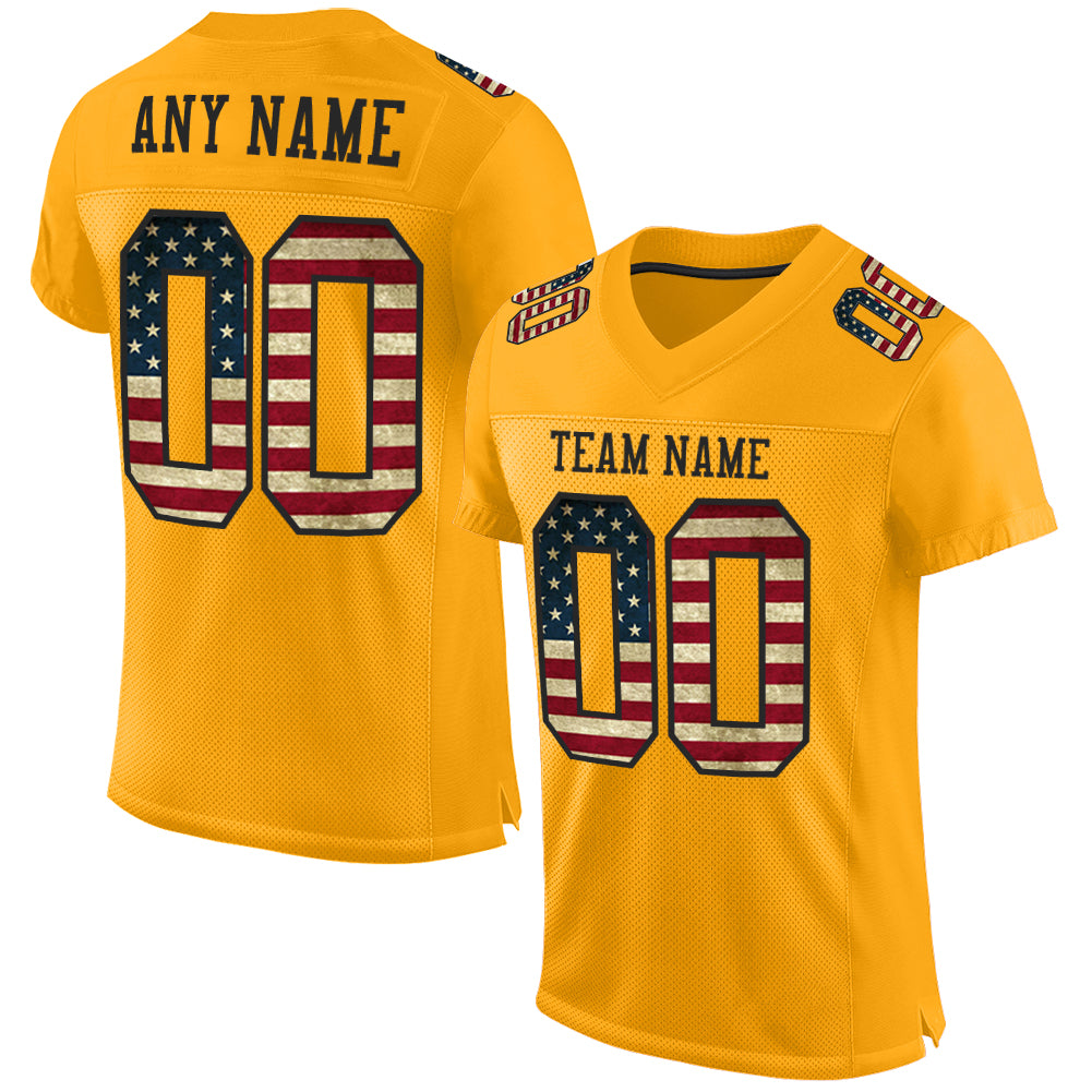 Custom Gold Vintage USA Flag-Black Mesh Authentic Football Jersey T-Shirts, Hoodie, Sweatshirt | WearSparks.com (Image 1)