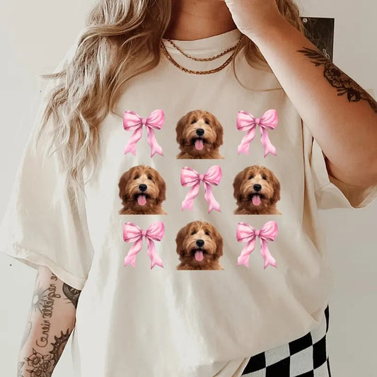 Golden Labradoodle with bows Shirt~ Unisex Apparel Relaxed Fit Printed In The USA Clothing Womenswear Casual Comfort Cotton Top Athletic Boho Chic