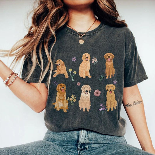 Golden Retriever Cottagecore T-Shirt, Floral Golden Retriever T-Shirt, Golden Retriever Gifts, Wildflower Golden Retriever, Golden Retriever Mom, Dog Mom Tee, Cute Golden Retriever Dog Mom Comfort Tshirt, Gift for Dog Lover, New Dog Owner Gift, Women Top