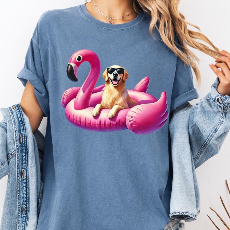 Golden Retriever Flamingo Float Dog Shirt ~ Unisex Apparel Relaxed Fit Printed In The USA Clothing Womenswear Casual Comfort Cotton Top Athletic Boho Chic