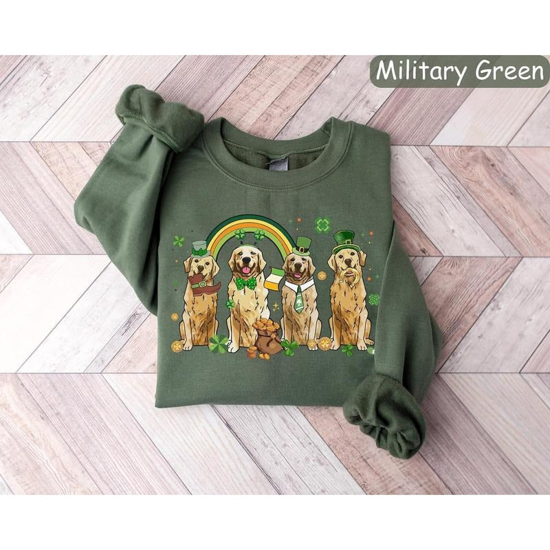 Golden Retriever St Patricks Day Sweatshirt, St Patricks Day Shirt, Lucky Dog Shirt, Irish Dog Mom Shirt, Dog Lover Gift, Shamrock Dog Shirt