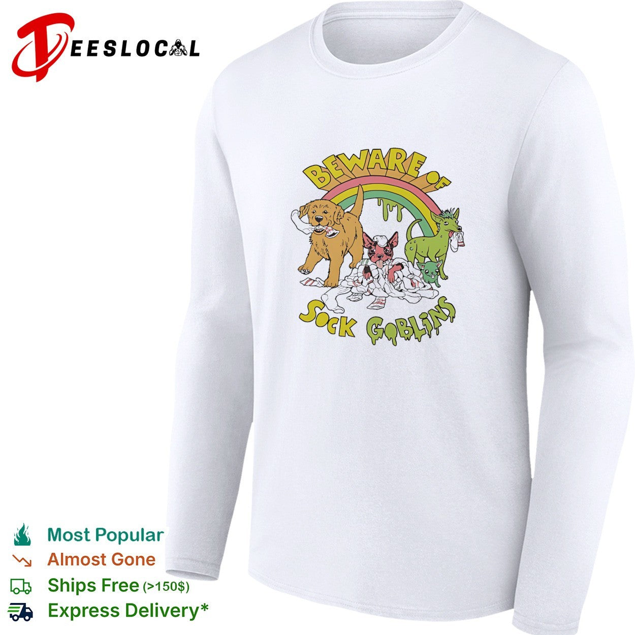 Golden retriever puppy and sock goblins beware rainbow shirt