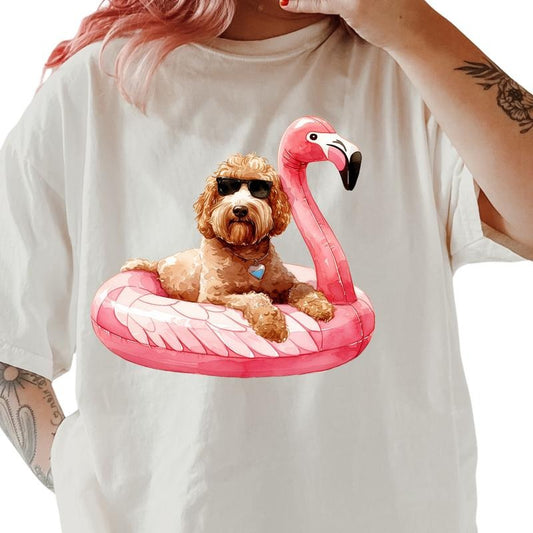Goldendoodle Flamingo Float Dog Shirt ~ Unisex Apparel Relaxed Fit Printed In The USA Clothing Womenswear Casual Comfort Cotton Top Athletic Boho Chic