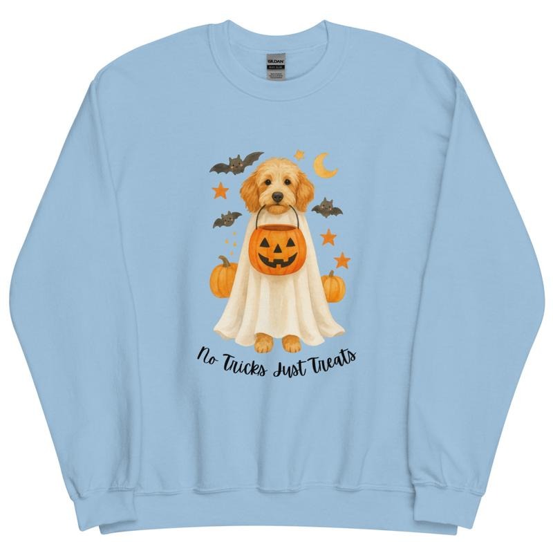 Goldendoodle No Tricks Just Treats Crewneck - Unisex Apparel Relaxed Fit Printed In The USA Clothing Womenswear Casual Comfort Cotton Top Athletic Boho Chic