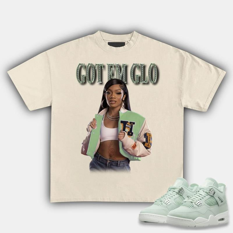 Got'em Glo Match 4s Seafoam Sneakers, Unisex Streetwear Graphic Tee, Cotton T-shirt, Y2K Fitted Crewneck Style