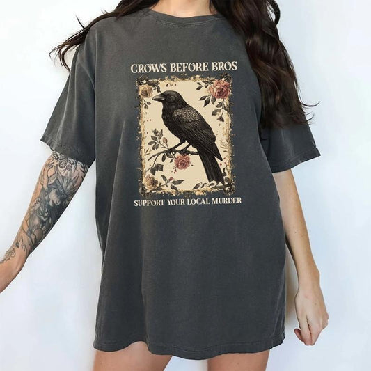 Gothic Crows Before Bros Comfort Colors Shirt, Vintage Raven Graphic Tee, Crow Lovers Unhinged Tees, Sarcastic Support Local Oversized T-shirt