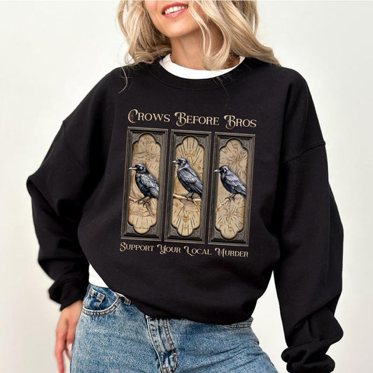 Gothic Crows Before Bros Sweatshirt for Women, Vintage Raven Crewneck, Support Your Local Murder Sweater, Feminist Tops, Soft Cotton Fabric Womenswear