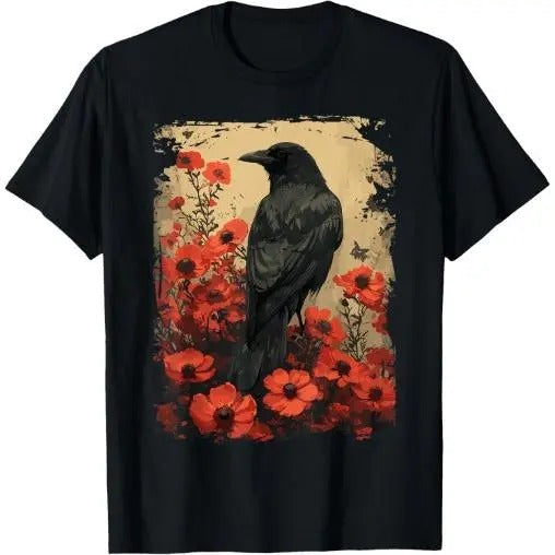 Gothic Raven Rose Enchanted, Vintage Floral Crow T-Shirt Made in USA