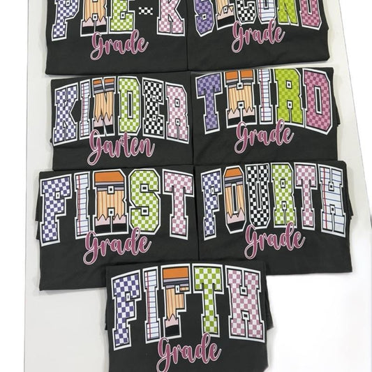 Grade Names Back to School T-shirt for Teacher - Colorful Grade Designs for Kindergarten to Fifth Grade Teachers Fabric Fit