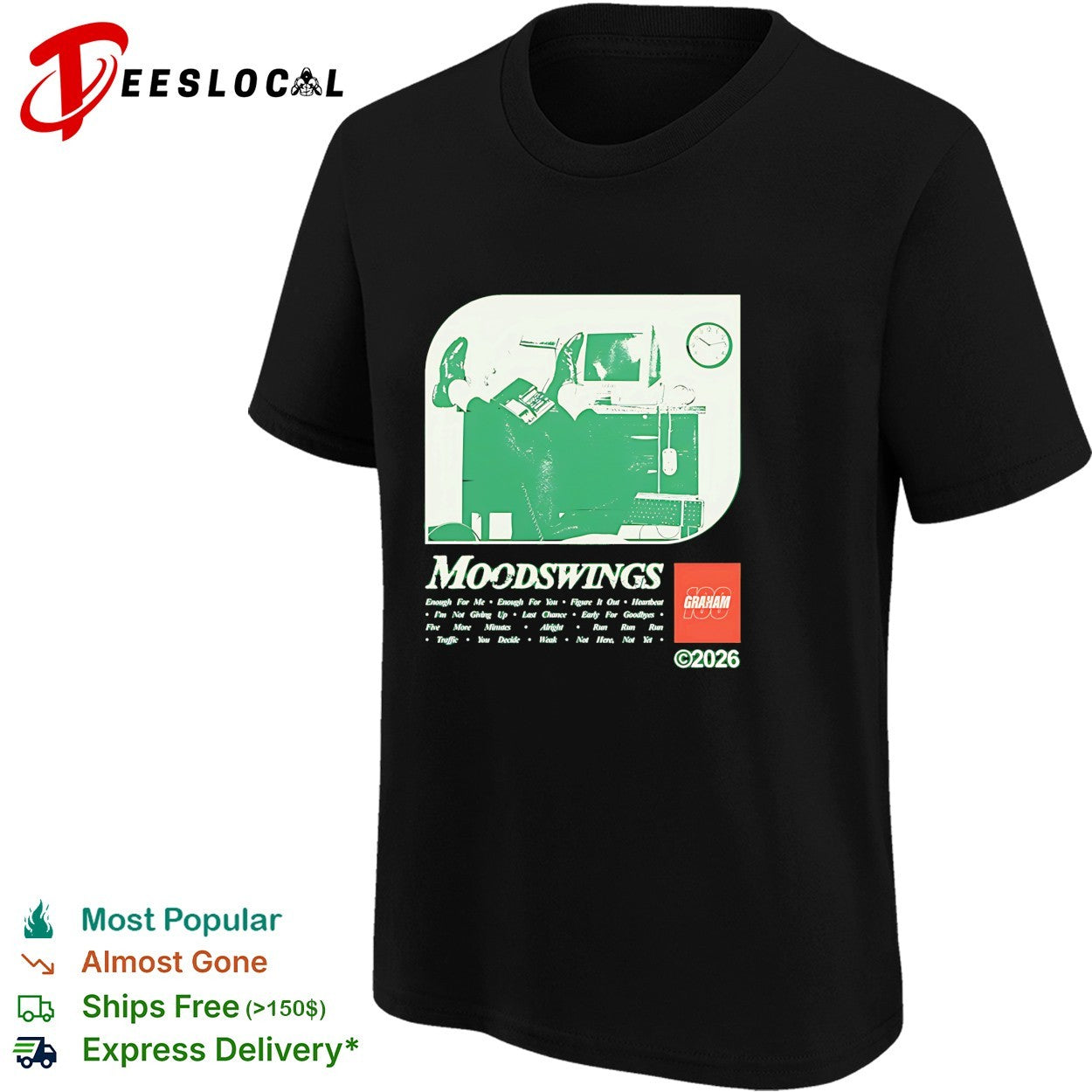 Graham Moodswings man resting legs on desk shirt