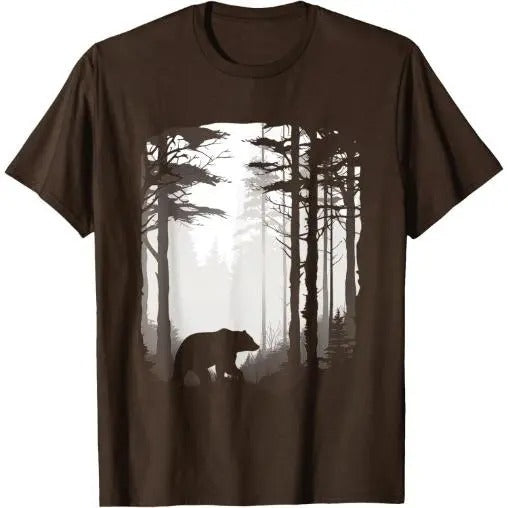 Graphic Bear Forest Wildlife Silhouette Mist Wilderness T-Shirt Made in USA