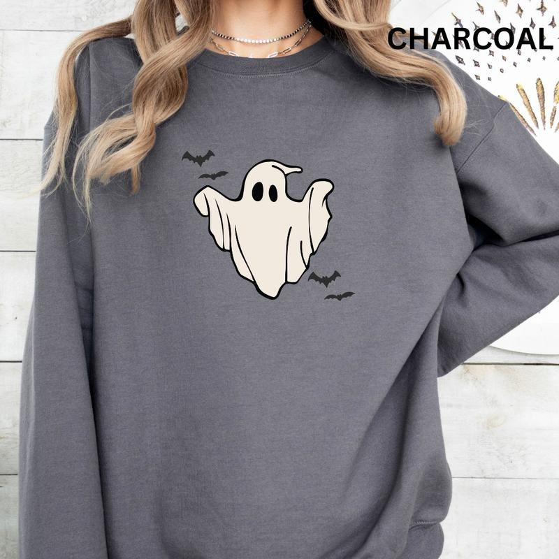 Graphic Halloween Sweatshirt, Ghosts and Bats Halloween Sweatshirt, Spooky Season Graphic Oversized Halloween Graphic...