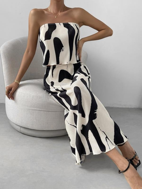 Graphic Print Skirt Set 2 Piece Outfit Frill Trim Strapless Crop Tube Top and Maxi Skirt Sets T-Shirts, Hoodie, Sweatshirt