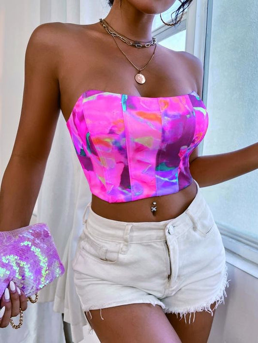 Graphic Print Strapless Bustier Crop Top Backless Lace Up Tube TopY2K